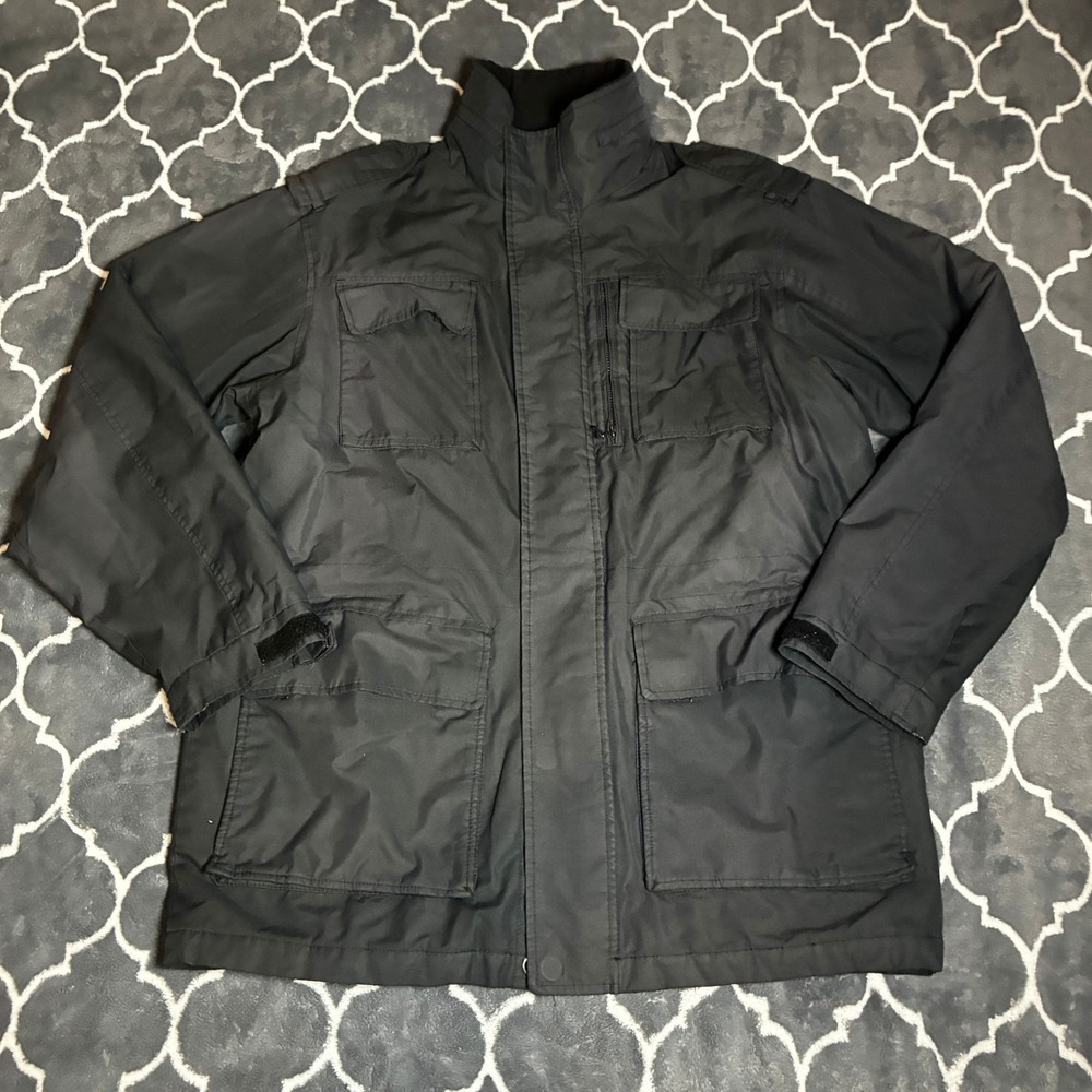 Perry Ellis Portfolio Mens Medium Black Field Jacket Multi Pocket Quilted Lining
